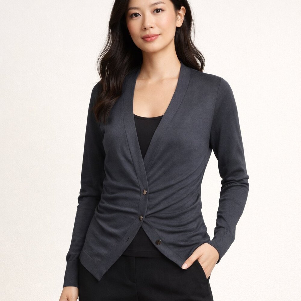 Vera Wang 100% Silk Cardigan Charcoal Gray Ruched Button Front Size S